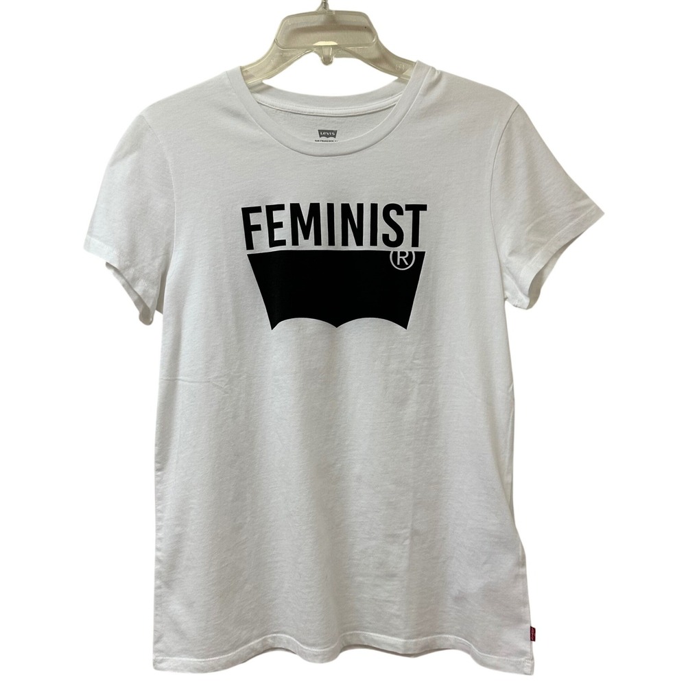 Levis Women's Feminist Batwing Graphic T-Shirt White Black Logo PC9-17369 Size L
